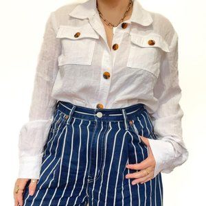 Band Of Gypsies White Linen Blouse Button Up Tortoise Shell Buttons Belted Med